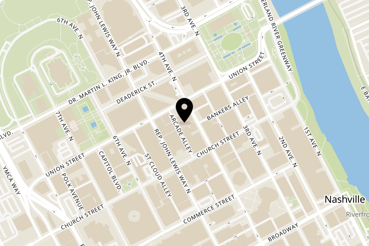 Map showing the location of Ugly Bagel Nashville on 65 Arcade Alley Suite 8 in Nashville